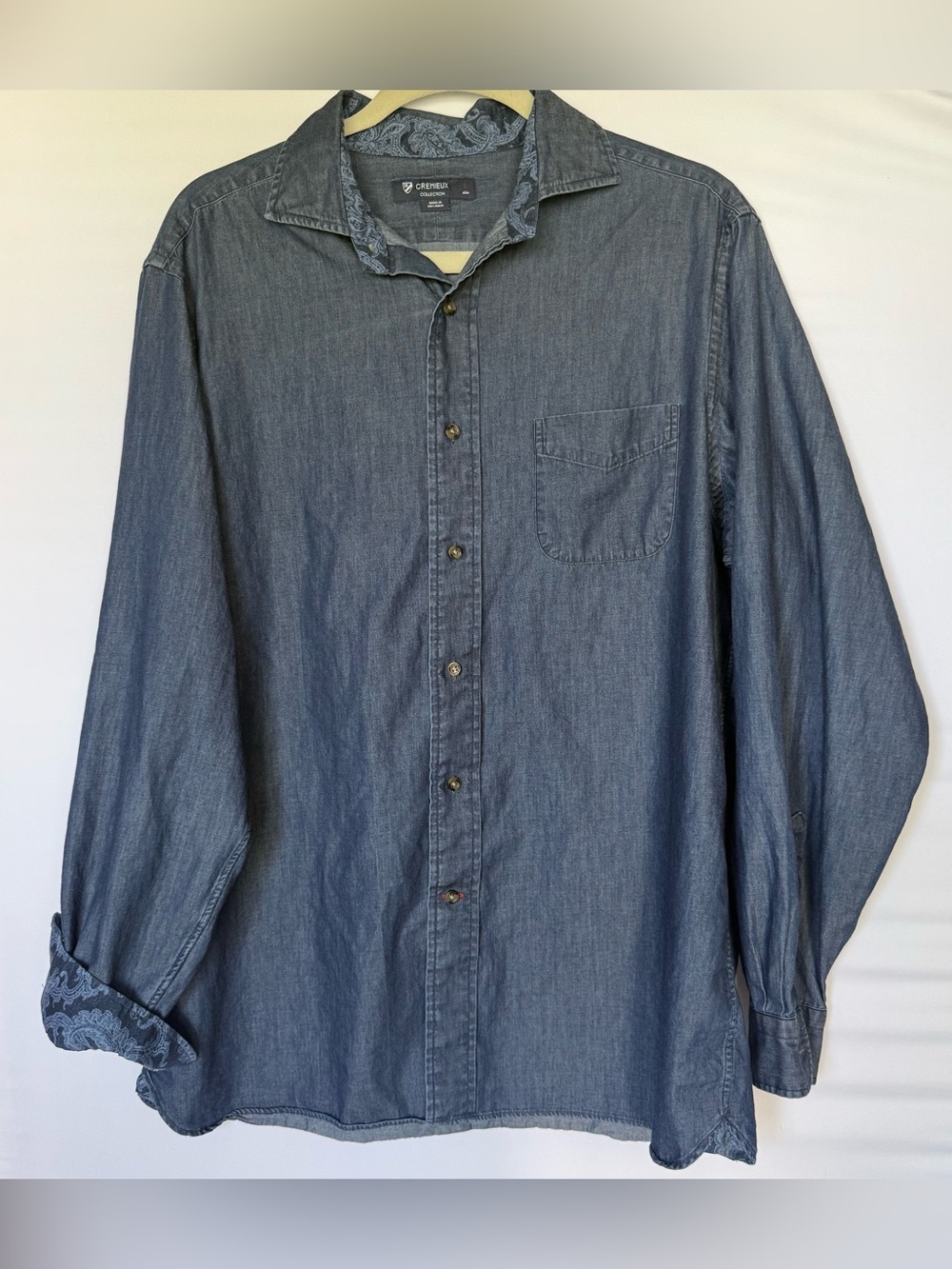 Daniel Cremieux Collection Paisley-Trim Chambray Button Shirt - Blue Mens Large